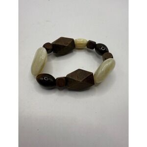 Chunky Wood & Cream Oval Bead Stretch Bracelet Brown Neutral Statement